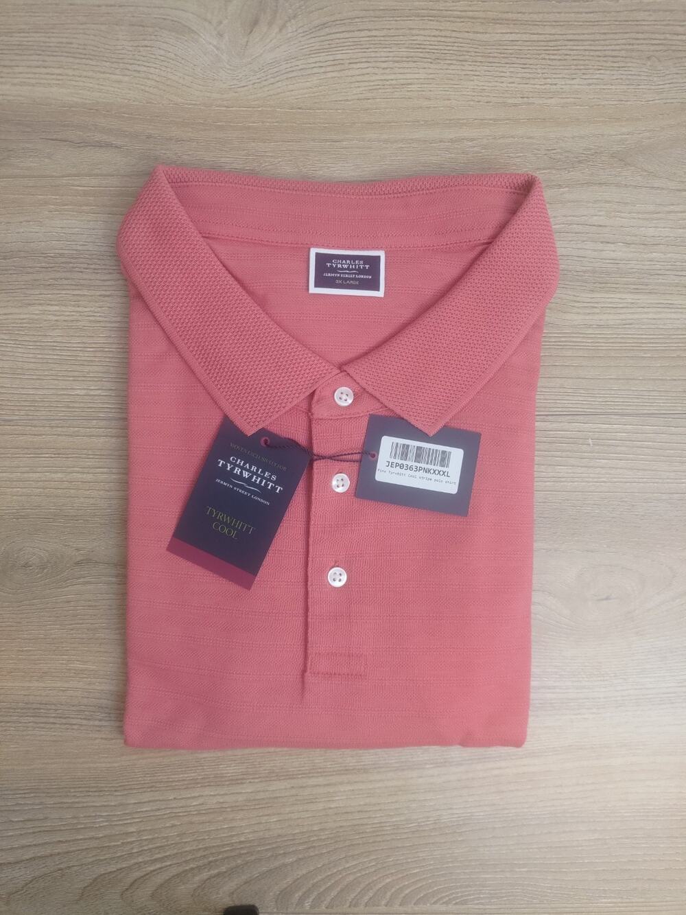Button Neck Men's Polo Shirt XXXL 3XL Charles Tyrwhitt Stripe Texture Pink